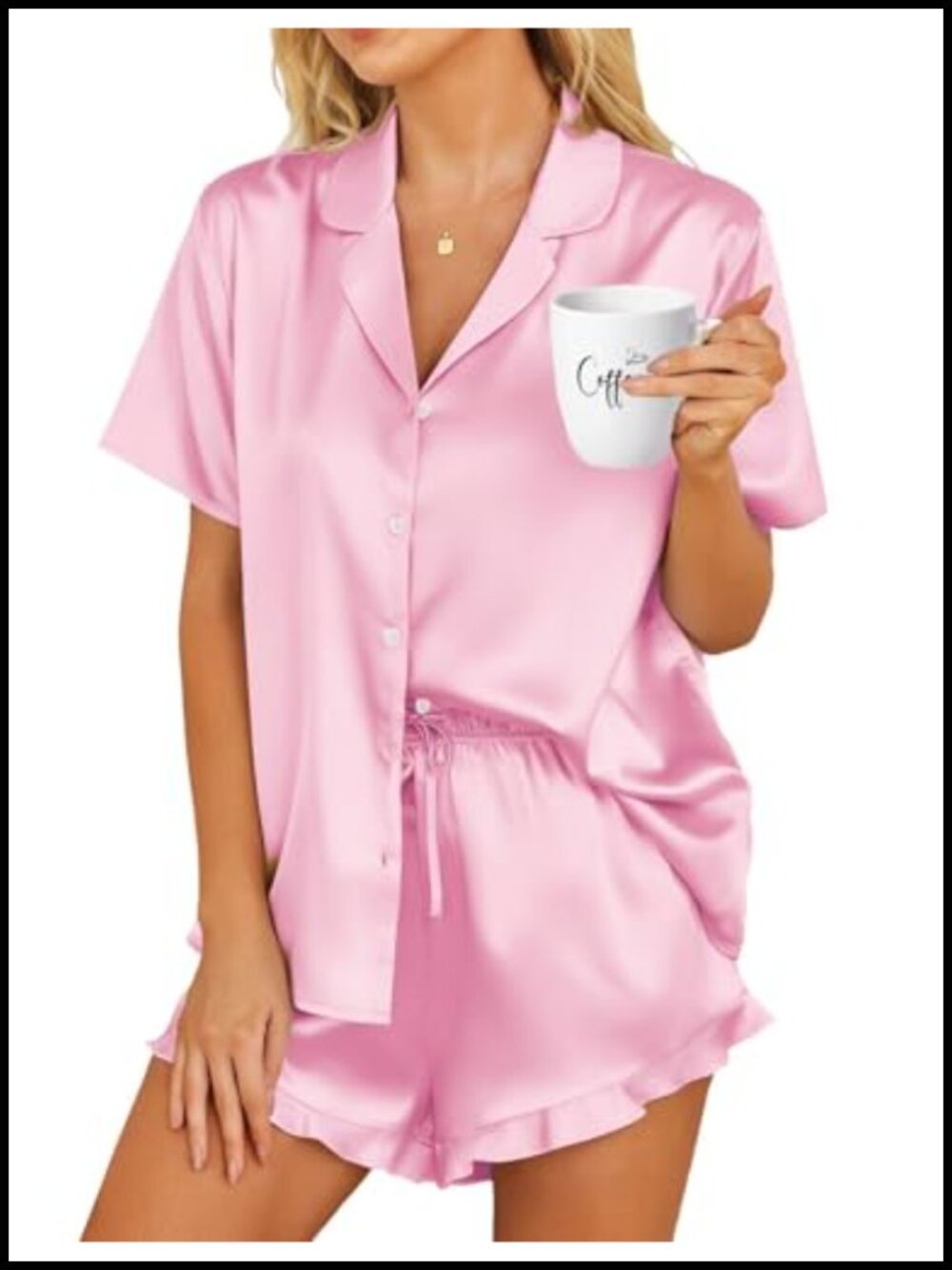 Satin Pajama Set Button Down Short Sleeve Ruffle Shorts 2 Piece Sleepwear